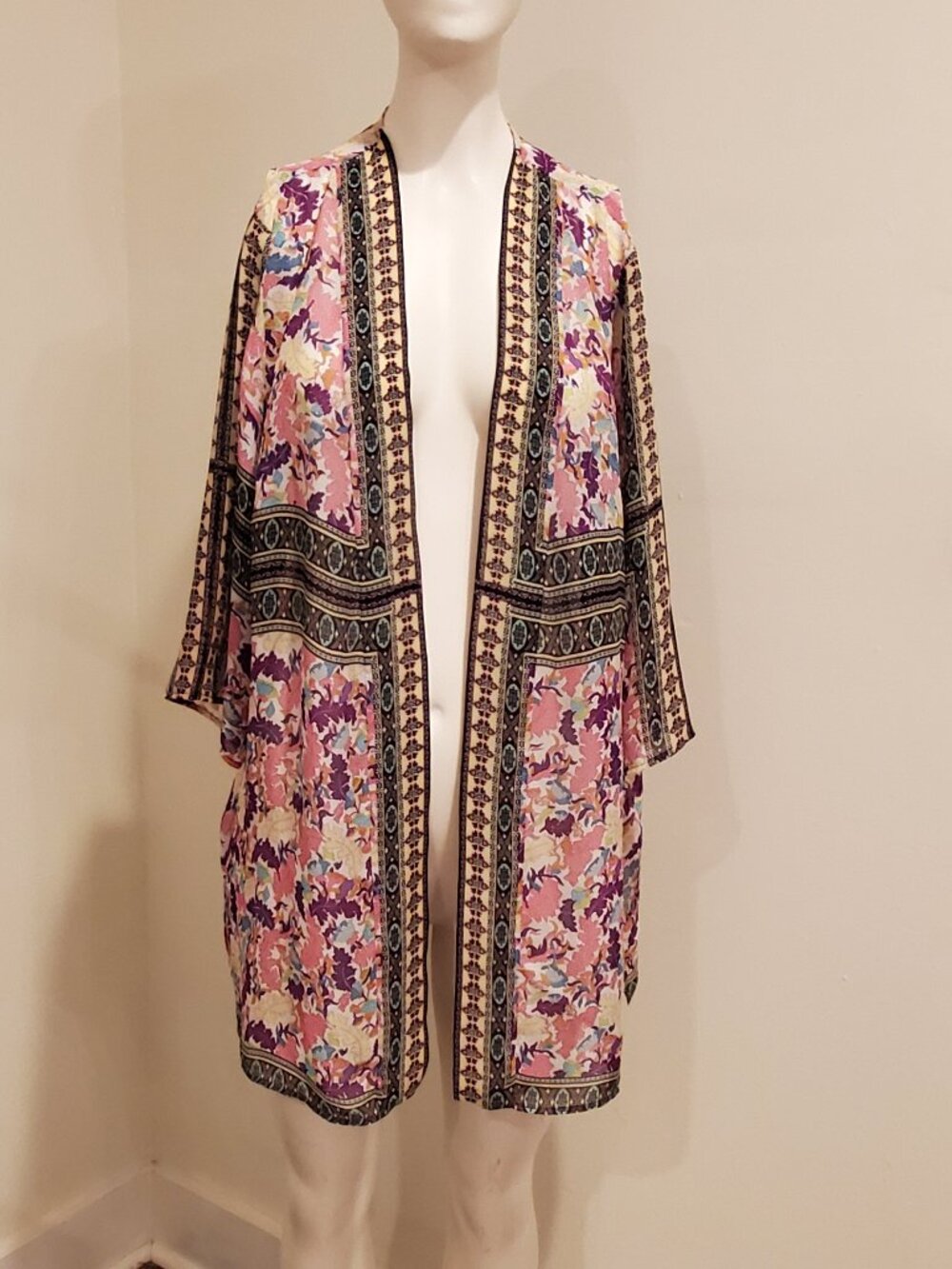 Susan Graver Womens M Kimono Duster Cardigan Open Front Floral Border Print Top